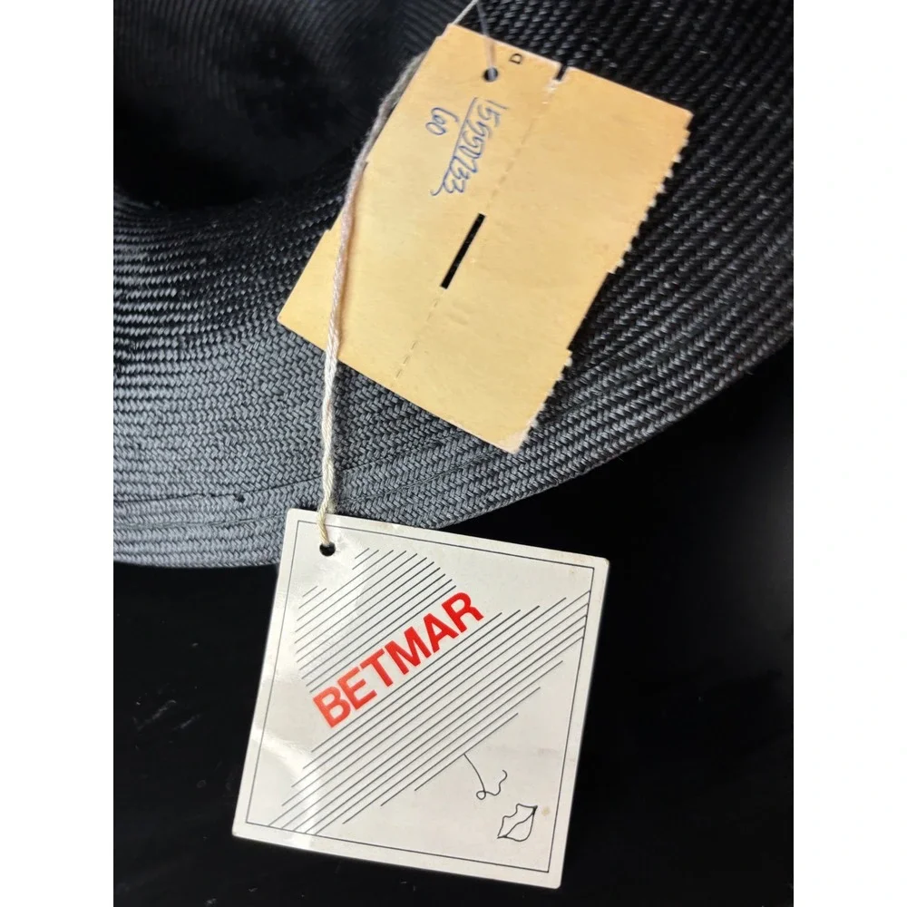 Vintage Betmar New York Black Wide Brim Sun Hat Yellow Floral Velvet Ribbon NWT